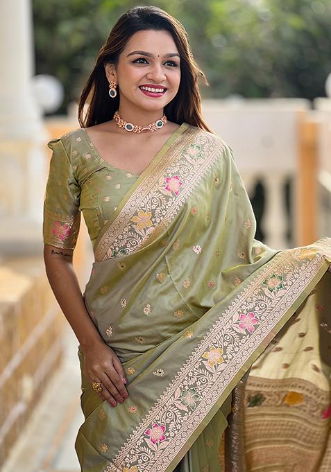 Pista Green Zari Woven Silk Saree Set