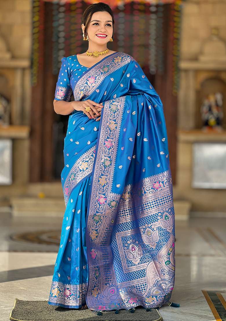 Blue Zari Woven Silk Blend Saree Set for Diwali and Festive Wear - Indya