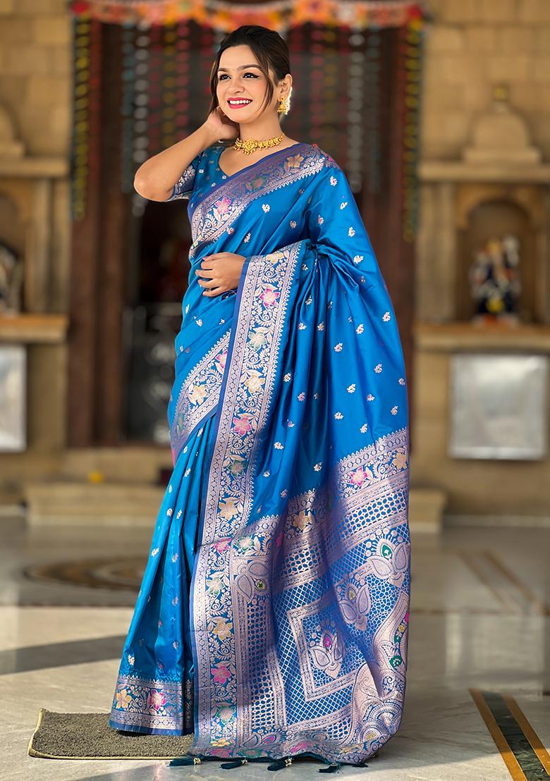 Blue Zari Woven Silk Saree Set