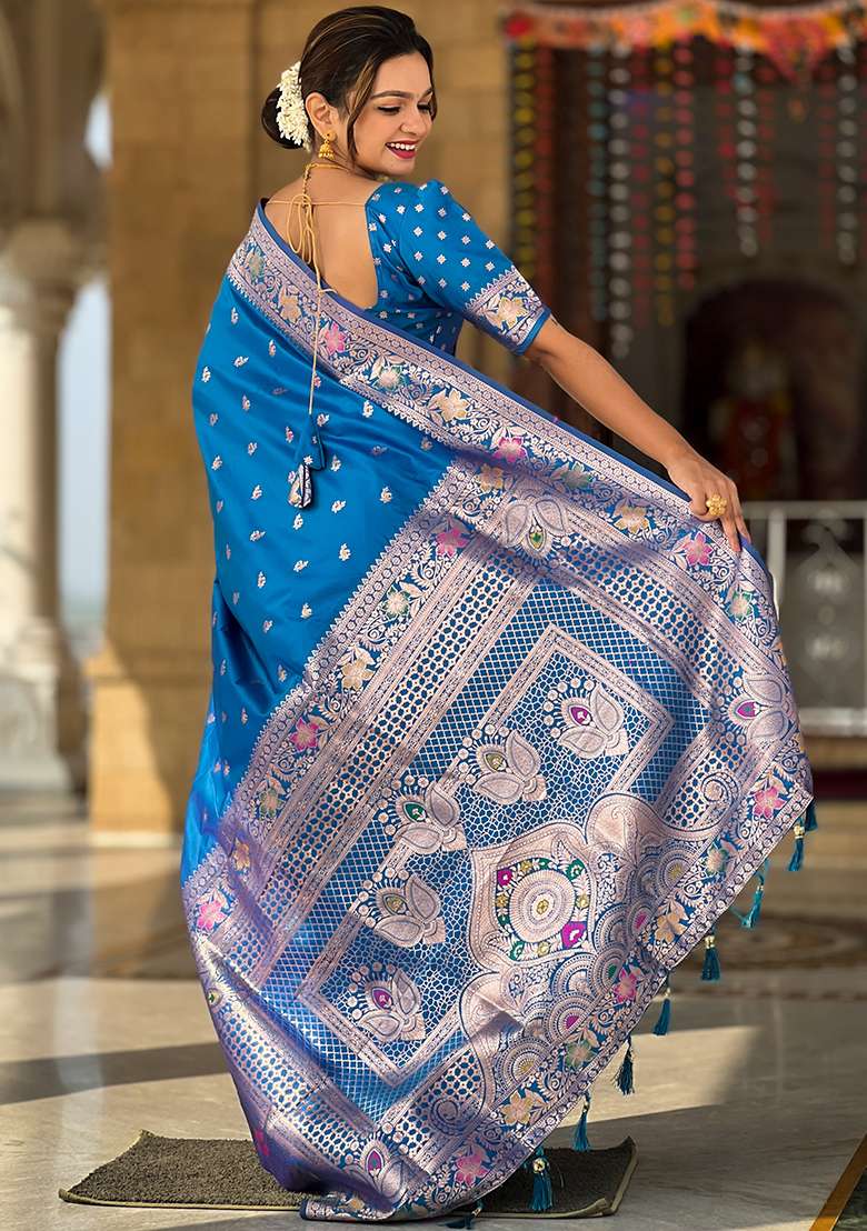 Blue Zari Woven Silk Blend Saree Set for Diwali and Festive Wear - Indya
