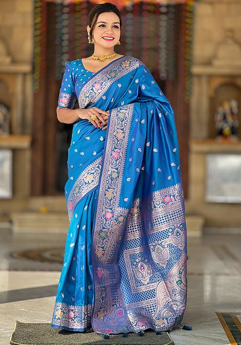 Blue Zari Woven Silk Saree Set