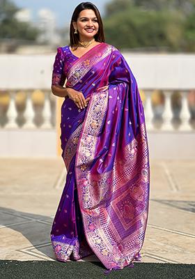 Violet Zari Woven Silk Saree Set