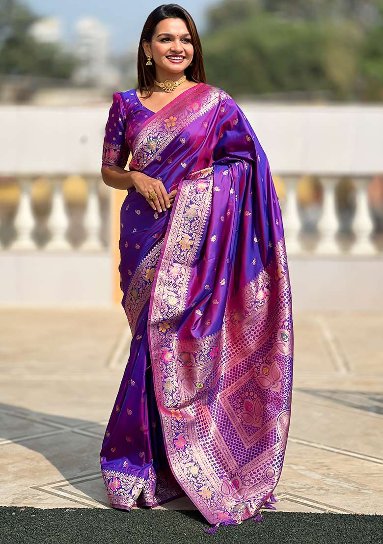 Violet Zari Woven Silk Blend Saree Set for Diwali and Festive Wear - Indya