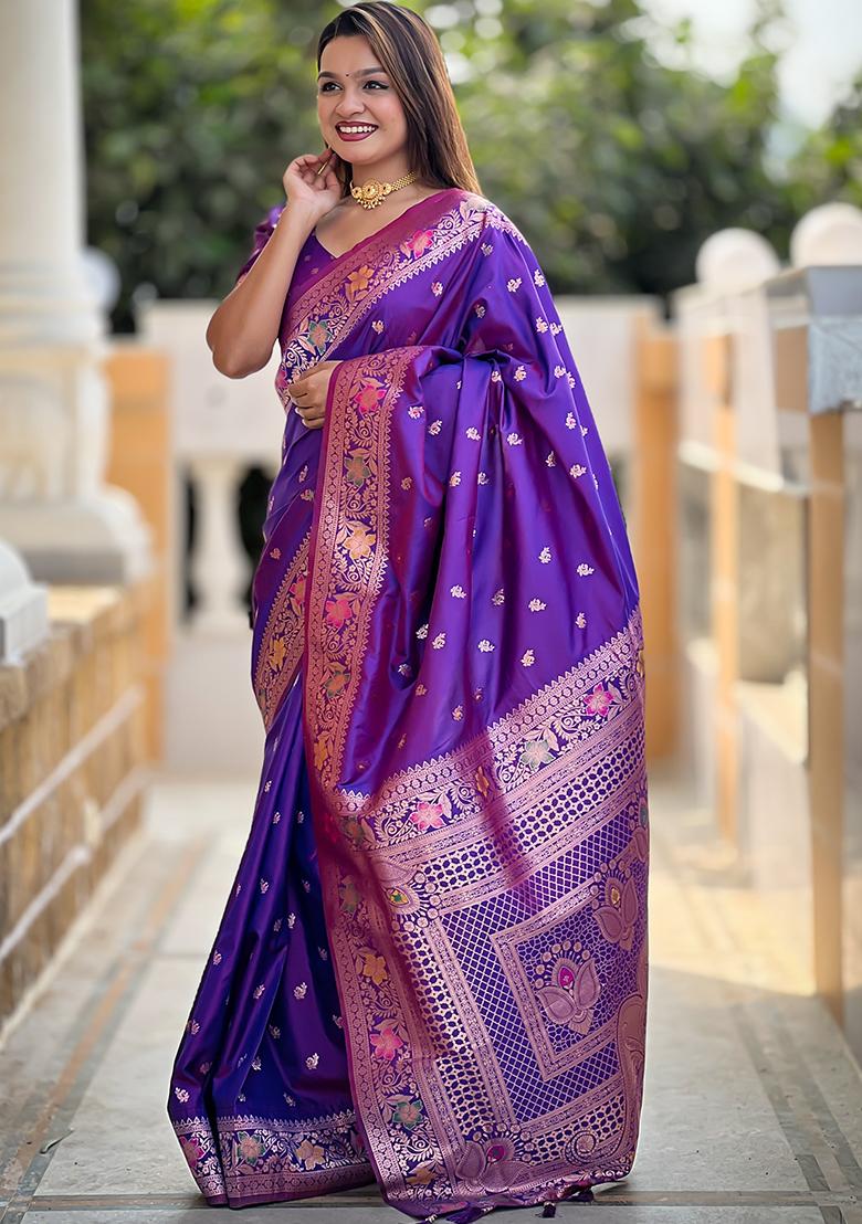 Violet Zari Woven Silk Saree Set