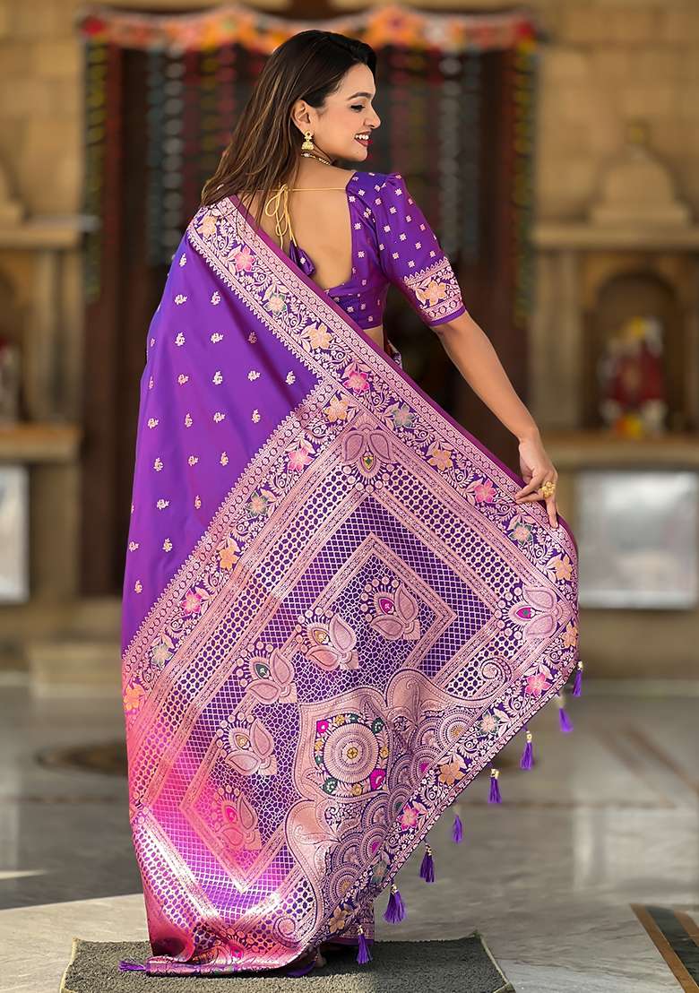 Violet Zari Woven Silk Blend Saree Set for Diwali and Festive Wear - Indya