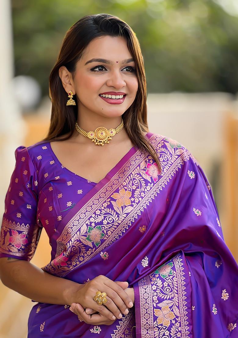 Violet Zari Woven Silk Saree Set