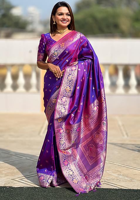 Violet Zari Woven Silk Saree Set