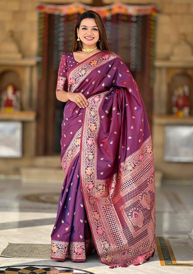 Wine Zari Woven Silk Blend Saree Set for Diwali | Wedding & Festive Wear - Indya
