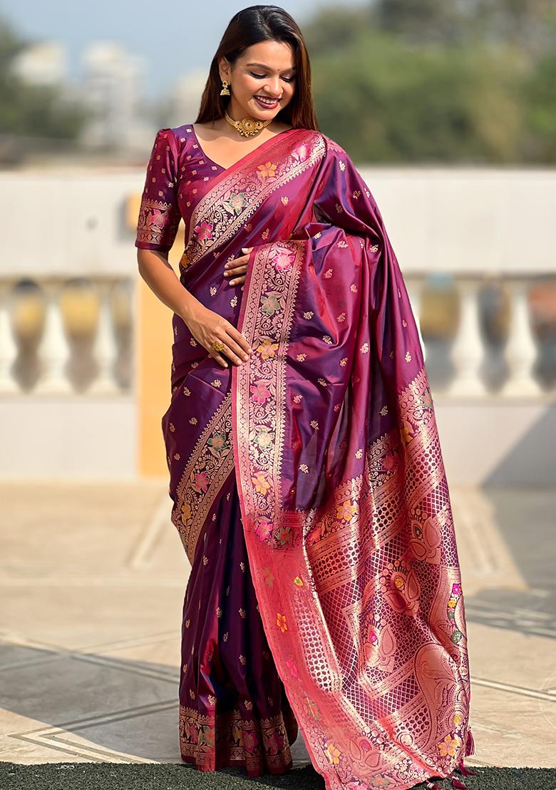 Wine Zari Woven Silk Saree Set