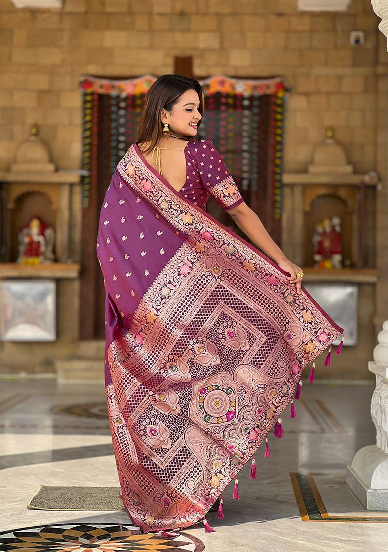 Wine Zari Woven Silk Blend Saree Set for Diwali | Wedding & Festive Wear - Indya