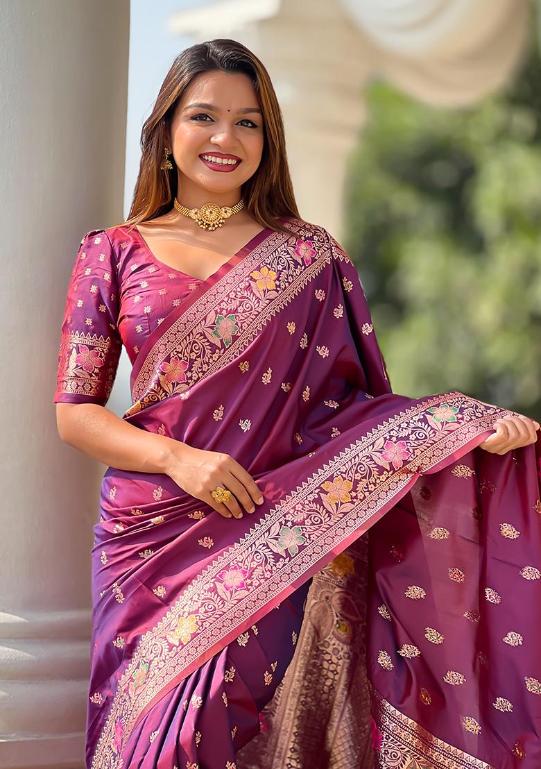 Wine Zari Woven Silk Saree Set
