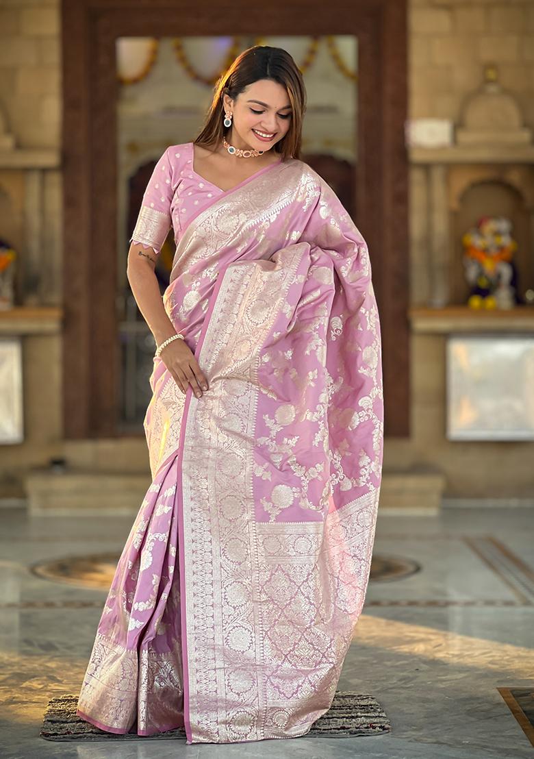 Mauve Zari Woven Silk Saree Set