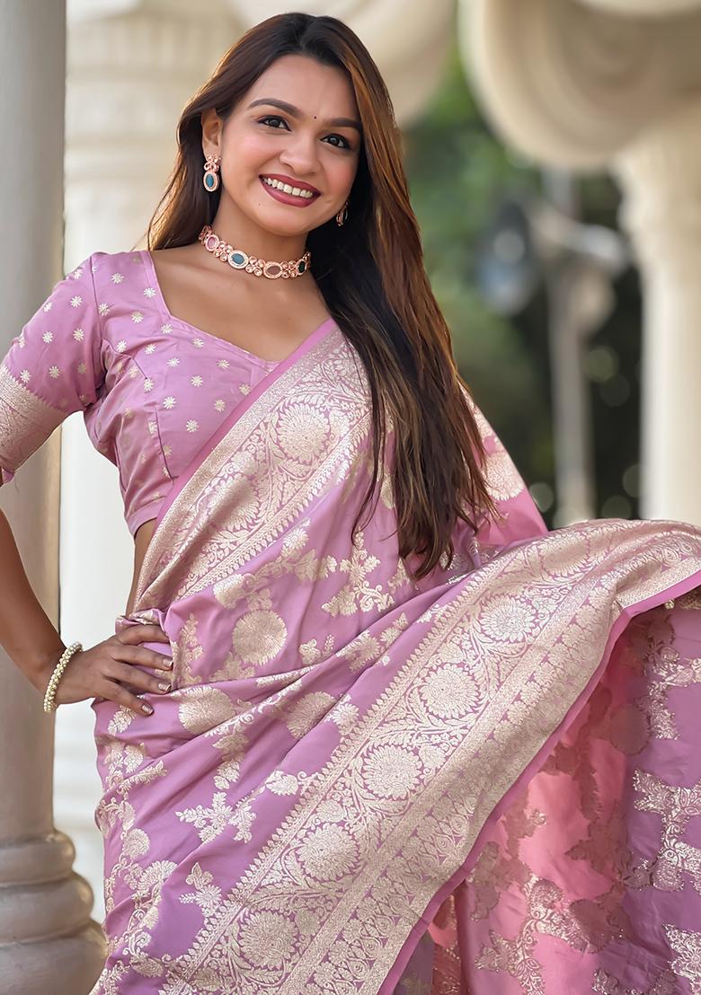 Mauve Zari Woven Silk Saree Set