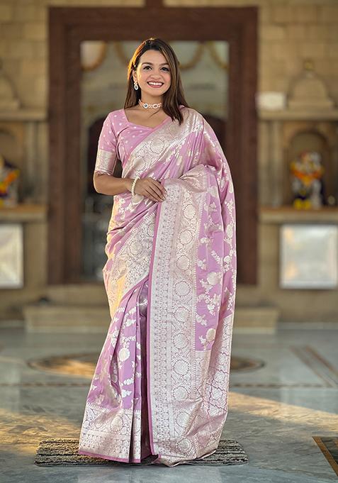 Mauve Zari Woven Silk Saree Set