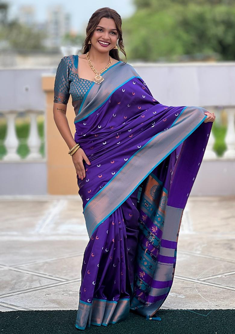 Purple Zari Woven Silk Saree Set