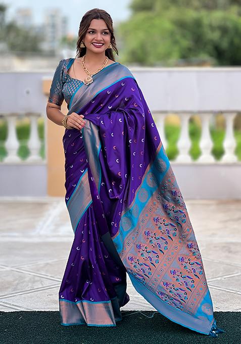 Purple Zari Woven Silk Saree Set