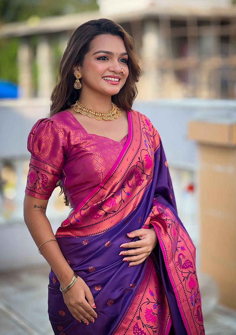Purple Zari Woven Silk Saree Set