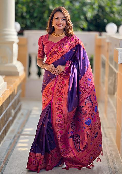 Purple Zari Woven Silk Saree Set