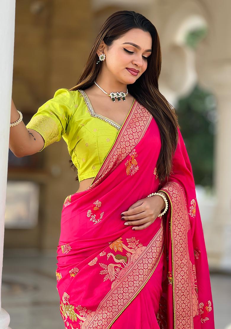Pink Zari Woven Silk Saree Set