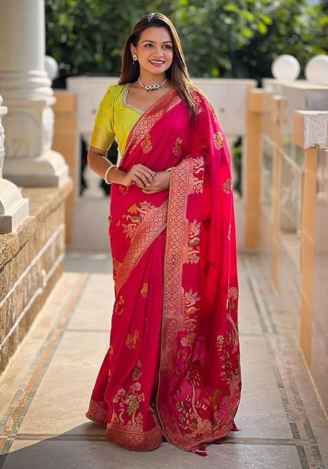 Pink Zari Woven Silk Saree Set