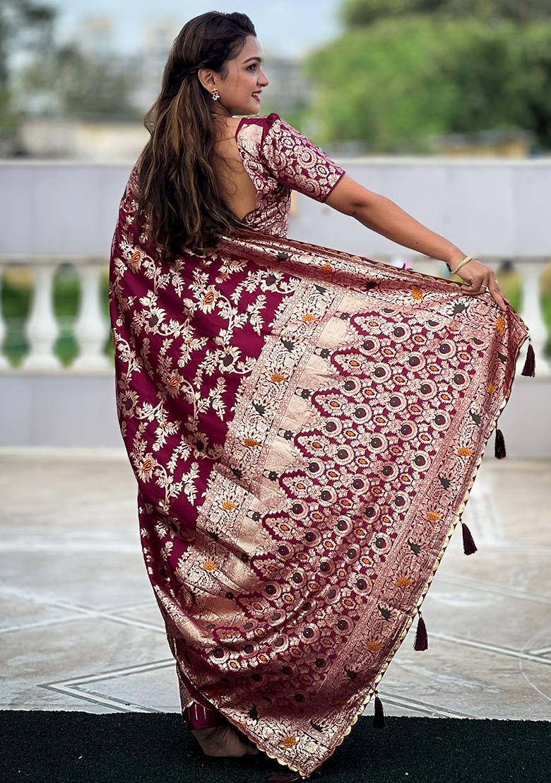Maroon Zari Woven Silk Saree Set