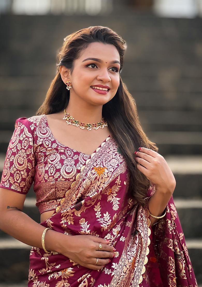 Maroon Zari Woven Silk Saree Set