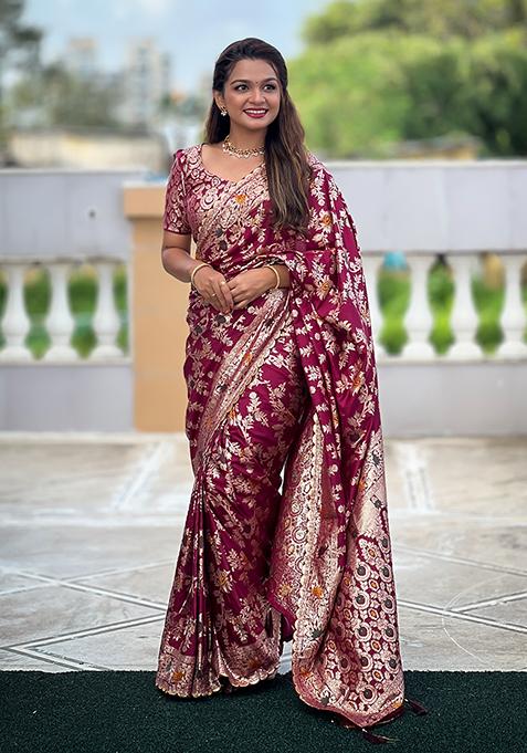 Maroon Zari Woven Silk Saree Set