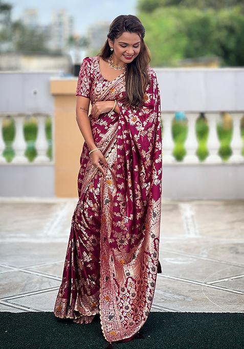 Maroon Zari Woven Silk Saree Set