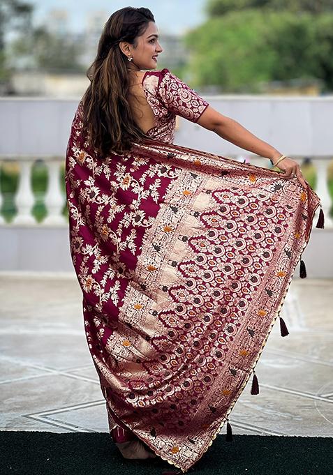 Maroon Zari Woven Silk Saree Set