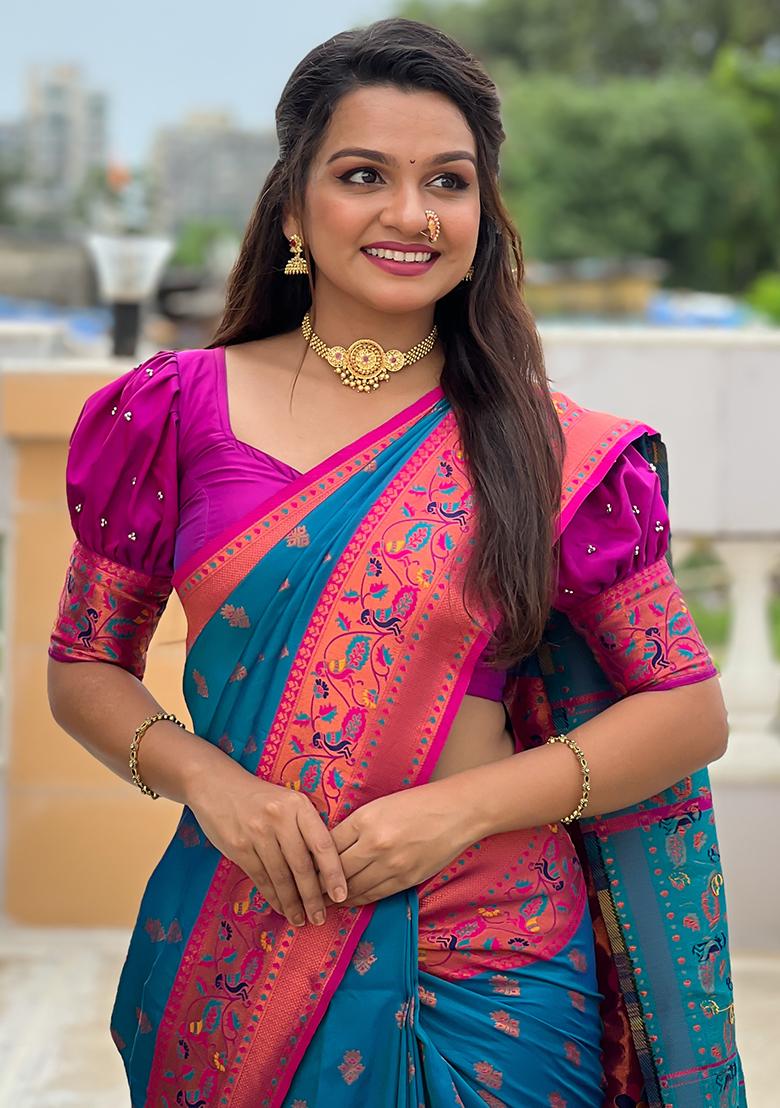 Blue Zari Woven Silk Saree Set