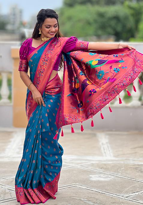 Blue Zari Woven Silk Saree Set