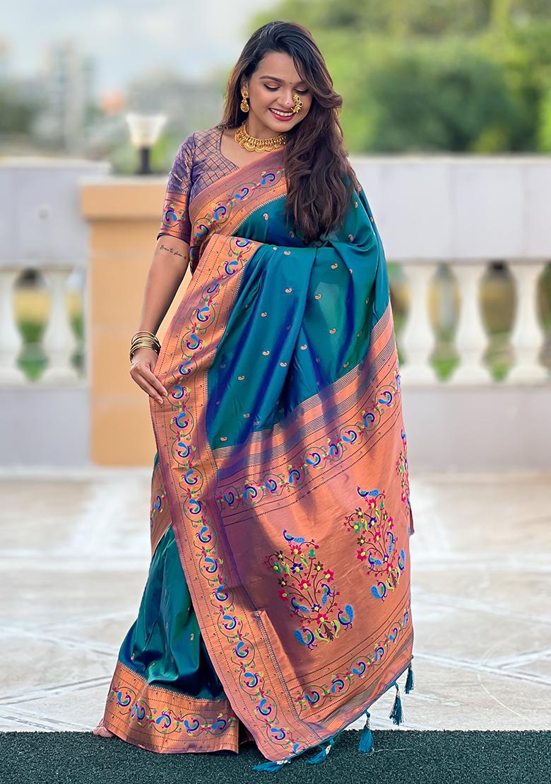Teal Zari Woven Silk Saree Set