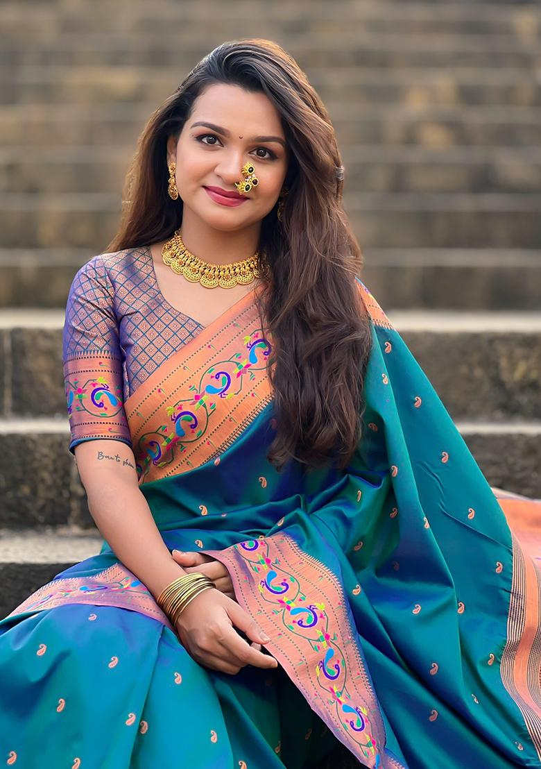 Teal Zari Woven Silk Saree Set