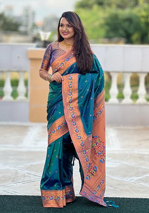 Teal Zari Woven Silk Saree Set