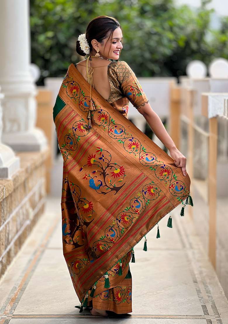 Green Zari Woven Silk Blend Saree Set for Diwali | Wedding & Festive Wear - Indya