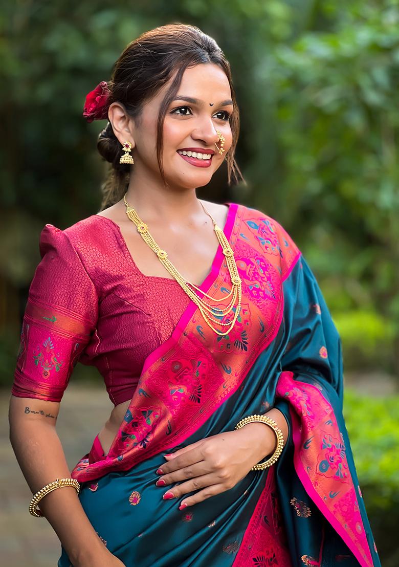 Teal Zari Woven Silk Saree Set