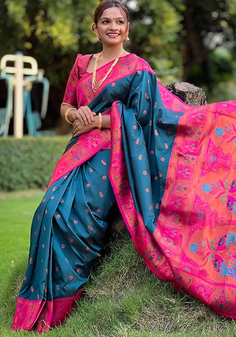 Teal Zari Woven Silk Saree Set