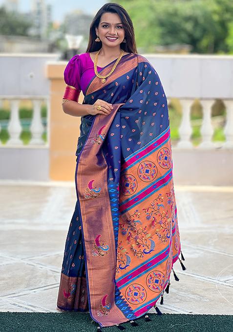 Blue Zari Woven Silk Saree Set