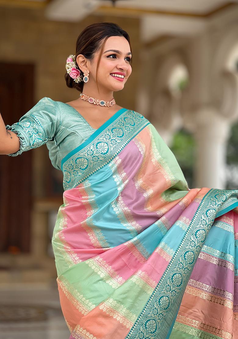 Multicolor Zari Woven Silk Saree Set