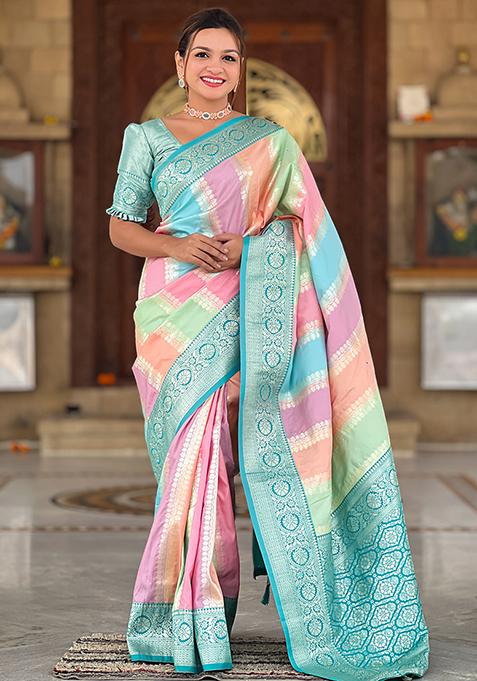 Multicolor Zari Woven Silk Saree Set