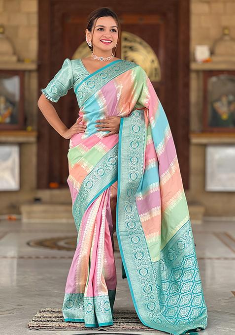 Multicolor Zari Woven Silk Saree Set