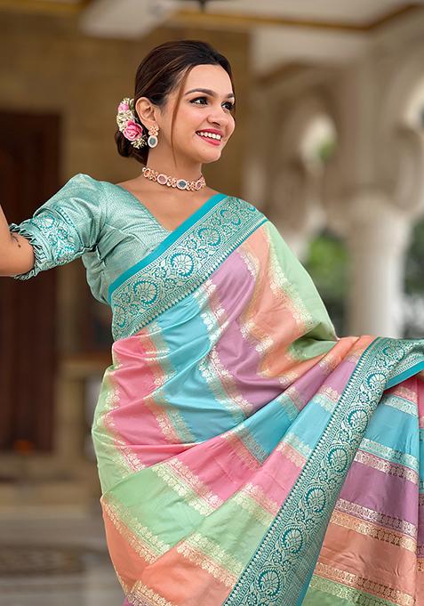 Multicolor Zari Woven Silk Saree Set