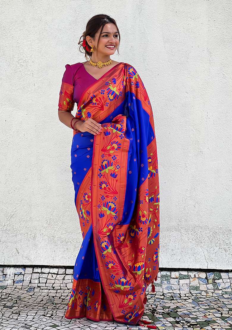 Blue Zari Woven Silk Blend Saree Set for Diwali and Festive Wear - Indya