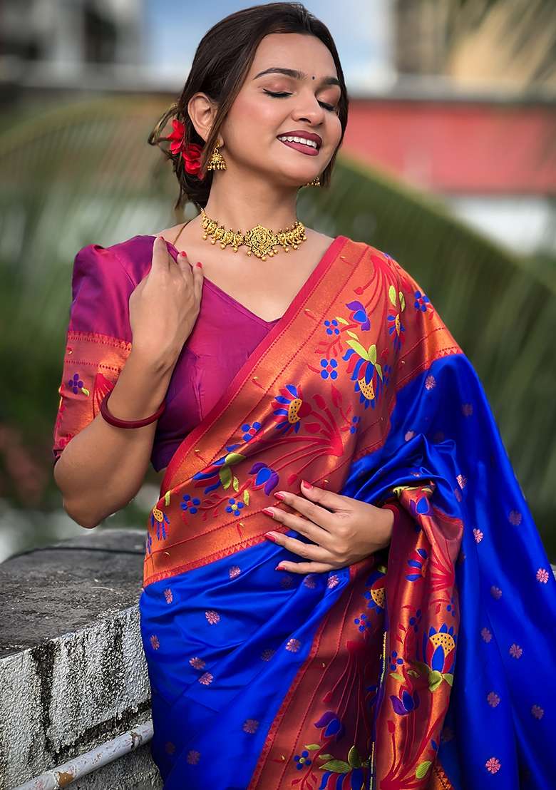 Blue Zari Woven Silk Blend Saree Set for Diwali and Festive Wear - Indya