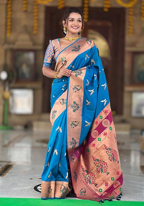 Blue Zari Woven Silk Saree Set