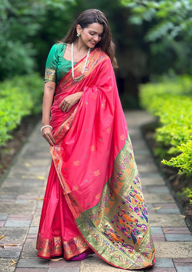Gajri Pink Zari Woven Silk Saree Set