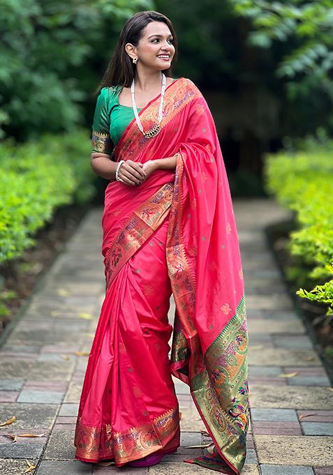 Gajri Pink Zari Woven Silk Saree Set