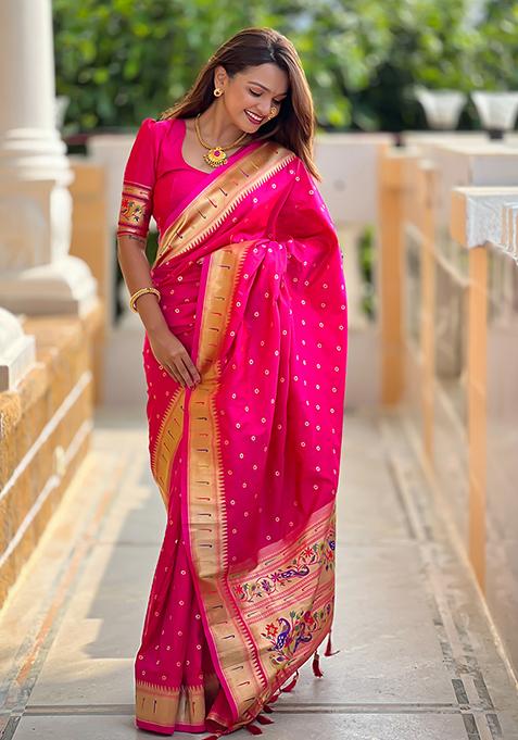 Pink Zari Woven Silk Saree Set