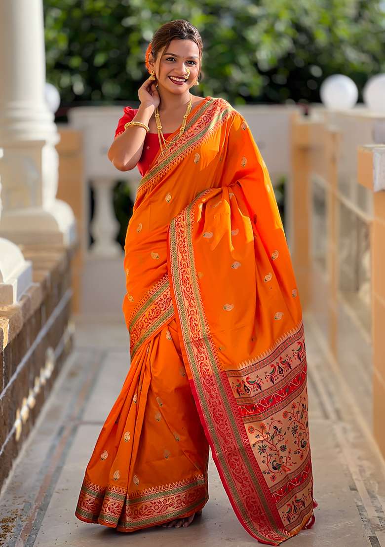 Orange Zari Woven Silk Blend Saree Set for Diwali and Festive Wear - Indya