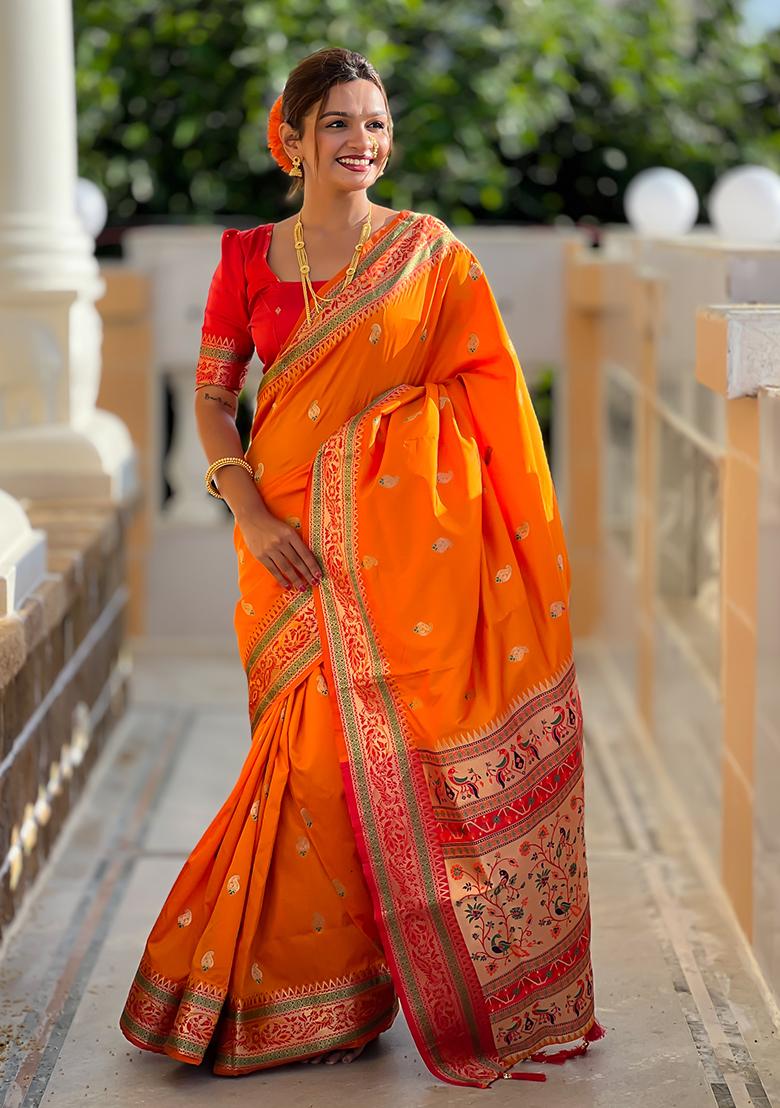 Orange Zari Woven Silk Saree Set
